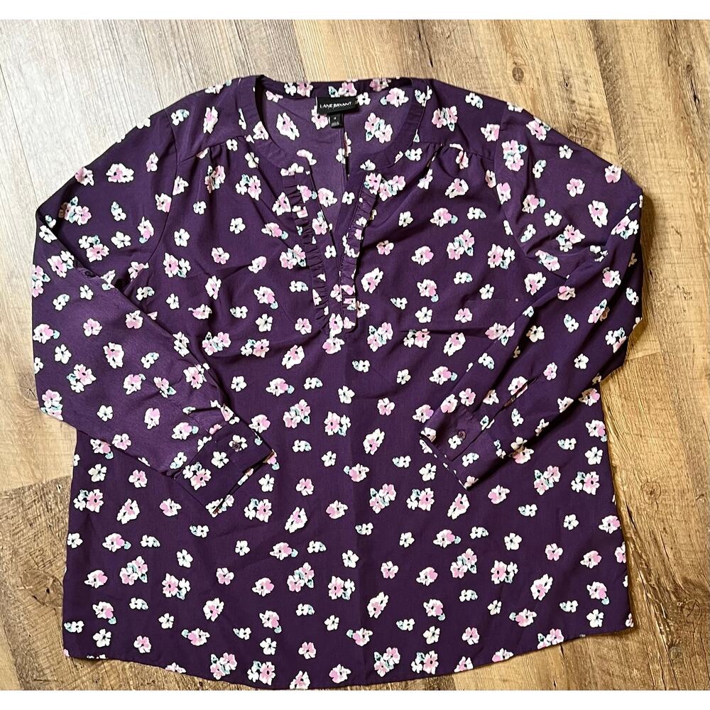 Women's Lane Bryant Purple w/ Flowers Floral Pleasant Tunic Blouse Size 14